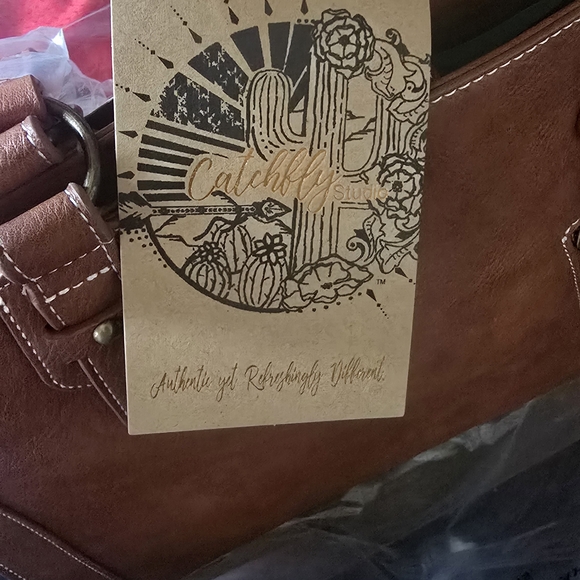 Brown and Tan Geometric Tote Bag with Leather Handles - Picture 2 of 7